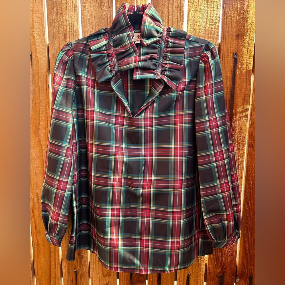 Tuckernuck Highland Bouvier tartan ruffle collar blouse red green size small